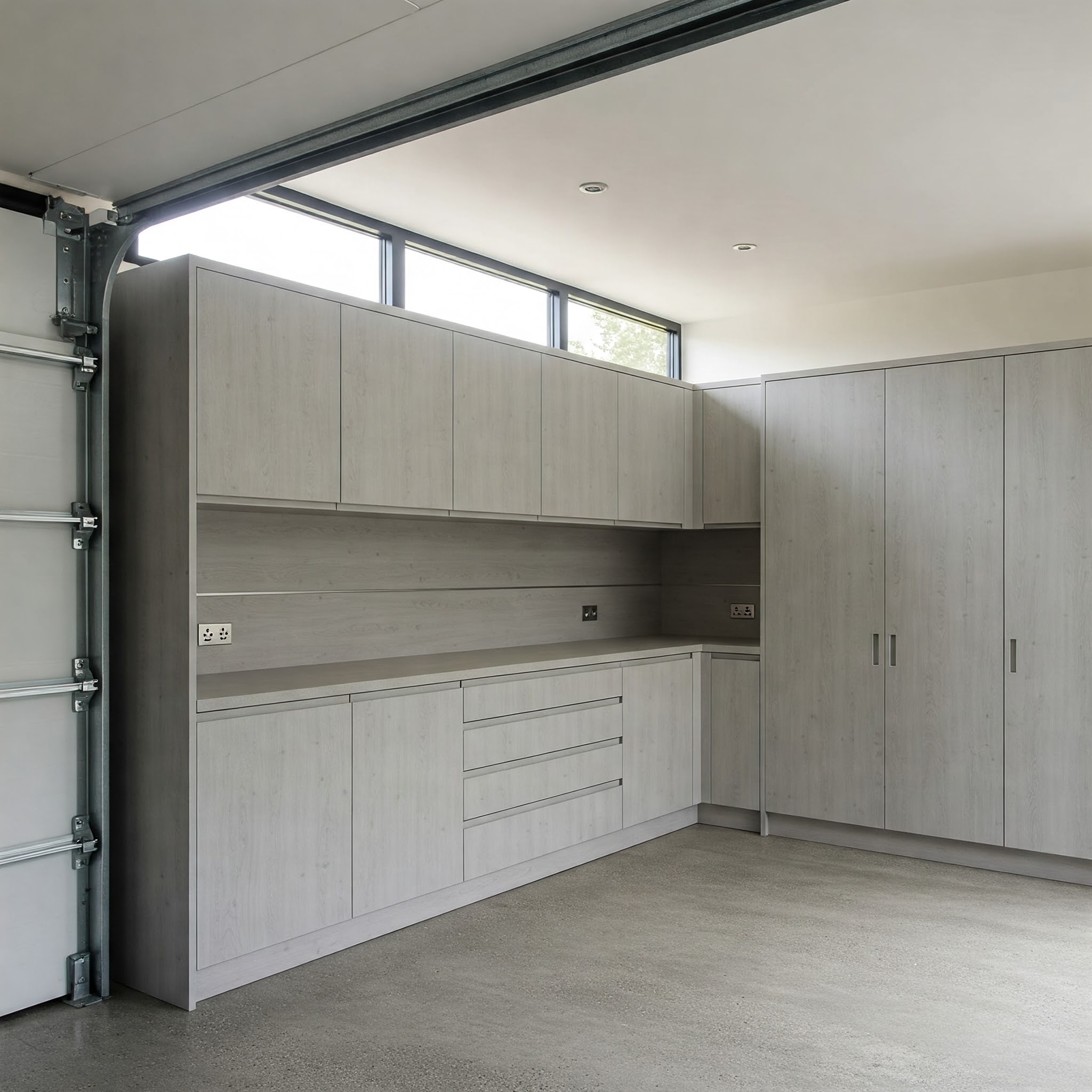 Light wood new age garage cabinets in a modern design with clean lines and ample storage.