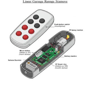 Technical diagram showing internal components of a linear garage door remote with labeled parts.