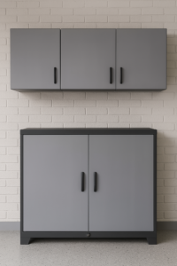 Gray metal garage wall cabinets with secure locking system, ideal for safely storing tools and equipment in a clean and organized workspace.