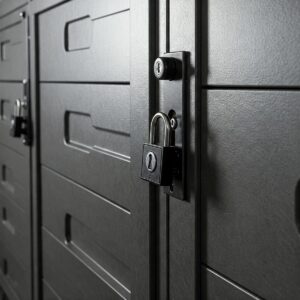 Secure locking mechanism featured on a durable metal drawer cabinet.