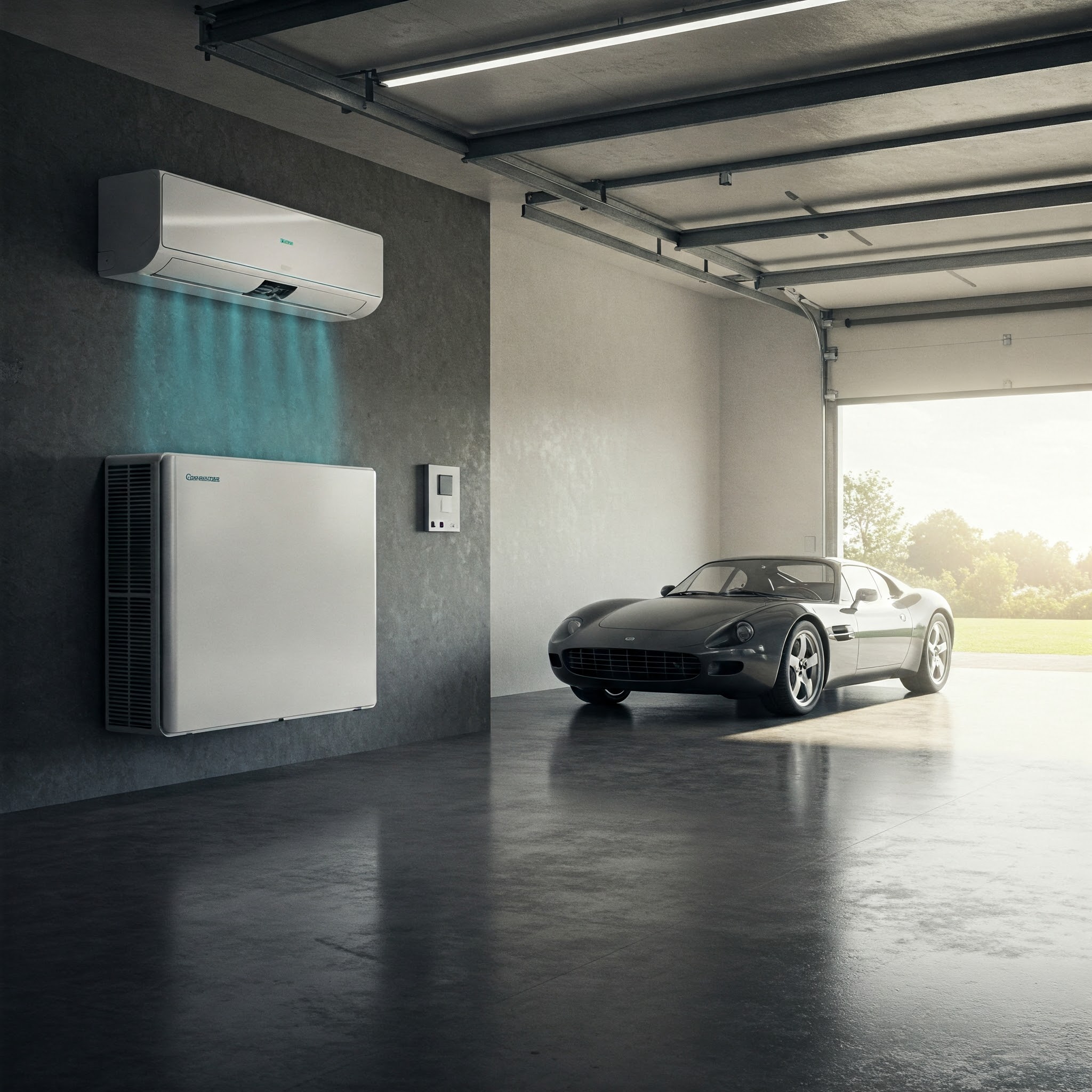A luxury garage featuring a sleek air conditioner system and a sports car parked inside