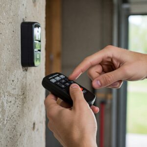A close-up of a man's hands pressing buttons on a linear garage door remote mounted on a concrete wall.