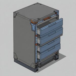 Illustration detailing the sturdy construction of a metal drawer cabinet.