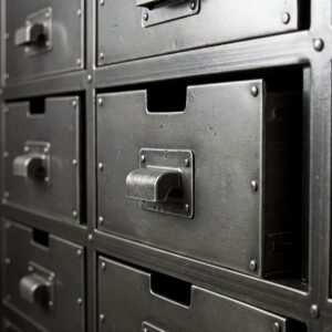 Close-up view of the sturdy drawers of a metal storage cabinet.