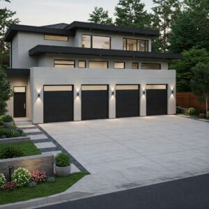 Sleek modern house facade with five black garage doors, designed to accommodate at least three cars in a luxury setting.