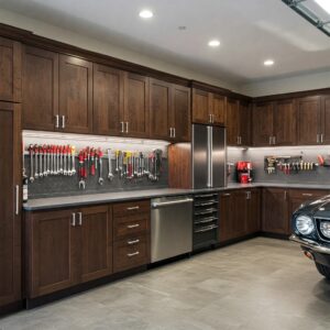 Sleek new age garage cabinets with modern lighting and a full tool display across pegboard panels.