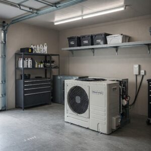 A well-organized garage with a large air conditioner unit, tool storage, and labeled containers.