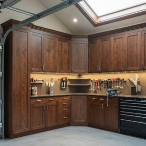 New age garage cabinets featuring a skylight and pegboard wall with various tools.