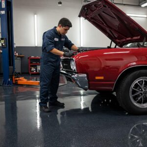 A person working on a car in a garage with a polyaspartic floor, showcasing the durability and resistance to stains and chemicals of the floor.