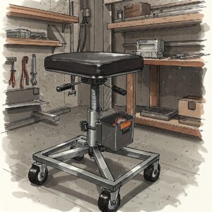 Detailed illustration of a rolling garage stool with built-in wheels for easy maneuverability around the workspace.