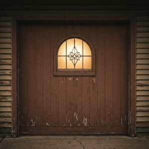 Rustic wooden garage door with windows featuring a warm light and floral design on the glass.