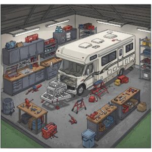 Detailed interior layout plan of an RV garage, highlighting storage and workspace areas.