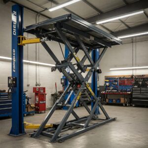 Scissor auto lift providing easy access for undercarriage repairs in a garage environment.