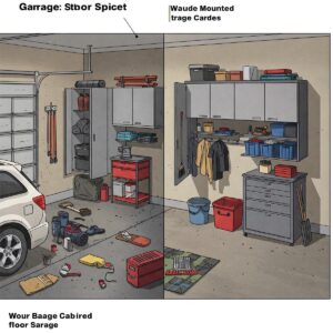 Illustration demonstrating how wall hanging cabinets save floor space in a garage.