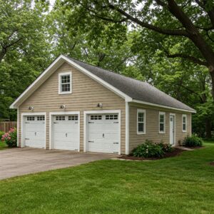 Traditional three car garage exterior with beige siding, white doors, and surrounded by lush greenery and flowers.