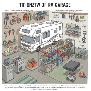 Animated illustration providing helpful tips for efficiently organizing the interior of an RV garage.