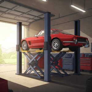 Illustration of a two-post auto lift securely raising a vehicle inside a home garage.