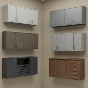 Selection of wall hanging garage cabinets available in different colors and styles.
