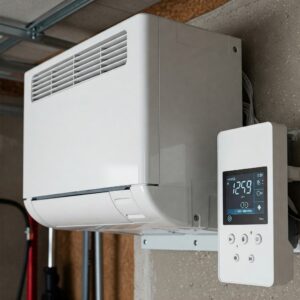 A close-up view of a wall-mounted garage air conditioner with a digital control panel.
