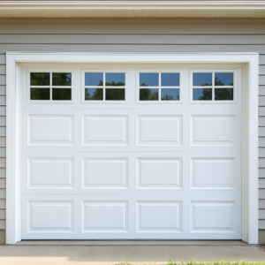 Classic white garage door with rectangular upper windows, ideal for natural light and traditional home design.