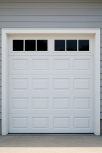 Clean white garage door with rectangular top-row windows, perfect for brightening up modern home exteriors.