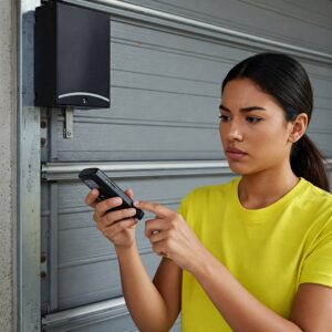 A woman in a yellow shirt using a linear garage door remote in front of a closed garage door.