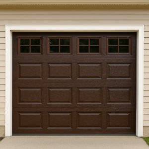 Elegant dark brown wooden garage door with top-row glass windows, adding warmth and sophistication to home exteriors.
