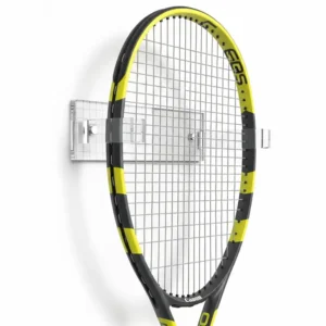 Clear acrylic tennis racket wall hanger showcasing a single racket securely held against a white background.
