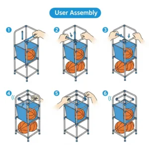  Illustration showing the simple assembly process of a basketball storage rack, highlighting its user-friendliness.