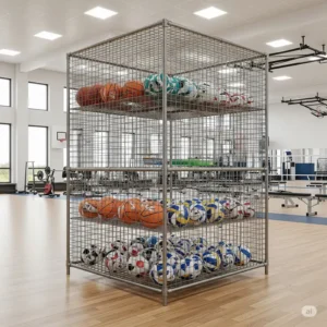  Illustration showing a ball cage situated in a gymnasium for sports equipment storage.