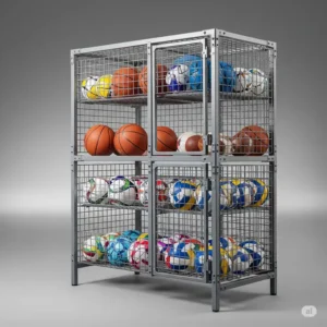 A metal ball cage used for organized storage of sports balls.