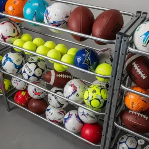 Ball rack filled with equipment from various sports, including soccer balls, tennis balls, and footballs.