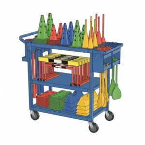 Drawing of a cart holding baseball equipment including bats, gloves, and helmets for team practice.