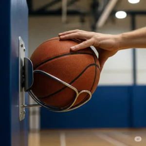 Hand placing a basketball into a convenient holder.