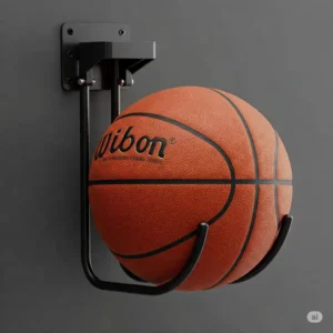 Wall-mounted basketball holder securely storing a basketball.