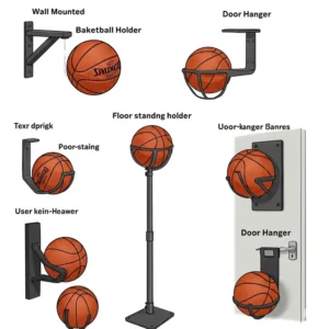 Various types of basketball holders including wall-mounted, floor stand, and door hanger options.