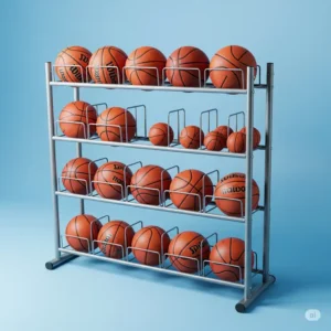 A well-organized basketball storage rack holding multiple basketballs of various sizes, ideal for garage or gym storage.