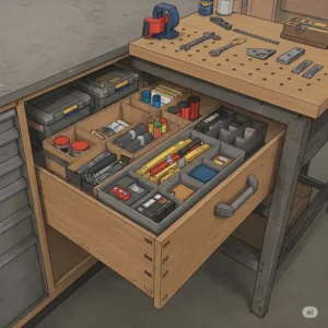 Close-up illustration of a cabinet drawer and the adjacent workbench surface, highlighting storage features