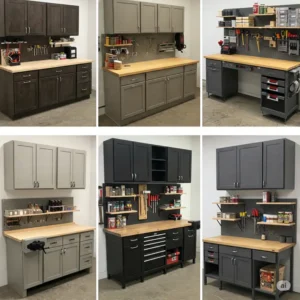 Various styles of cabinets paired with different workbench designs, showcasing storage and work surface options.