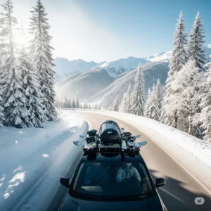 A car equipped with a snowboard roof rack driving through a scenic winter landscape.