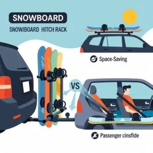 Illustration comparing the convenience and benefits of a snowboard hitch rack versus other snowboard transport solutions.