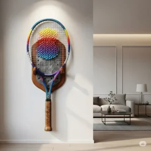 Artistic illustration of a decorative tennis racket wall mount adding a sporty touch to a room's decor.