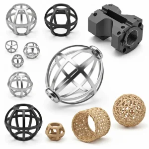 Visual representation of various ball cage designs, sizes, and materials.