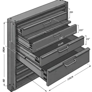  Illustration showcasing a variety of metal drawer sizes and configurations suitable for different workbench needs.