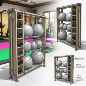 Conceptual illustration of a do-it-yourself exercise ball rack design for home fitness.