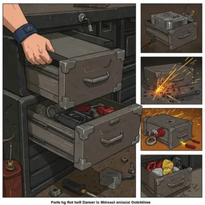  Illustration demonstrating the strength and durability of metal drawers designed for demanding workbench environments.