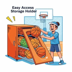 An illustration emphasizing the easy access and retrieval of basketballs from a convenient storage holder.