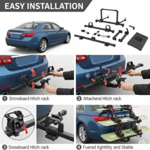 Step-by-step illustration demonstrating the easy installation process of a snowboard hitch rack on a car.