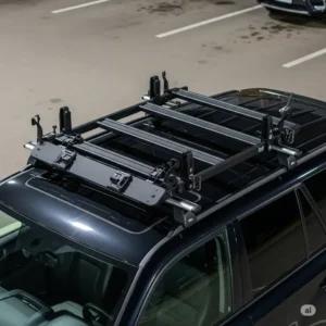 An empty snowboard roof rack securely mounted on the roof of a vehicle.