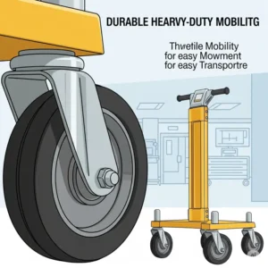 Illustration highlighting the durable wheels and mobility features of an equipment cart for easy transport.